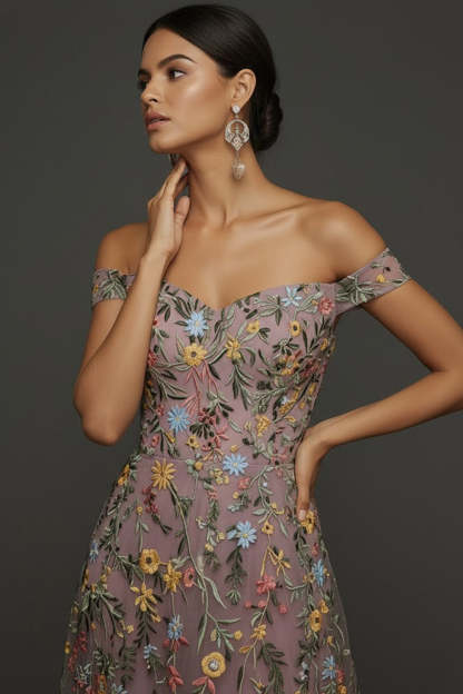 Mauve Floral A Line Embroidered Off the Shoulder Long Wedding Guest Dress