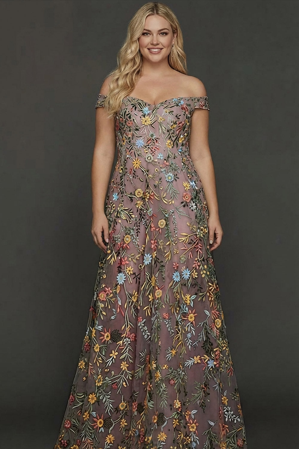 Mauve Floral A Line Embroidered Off the Shoulder Long Wedding Guest Dress