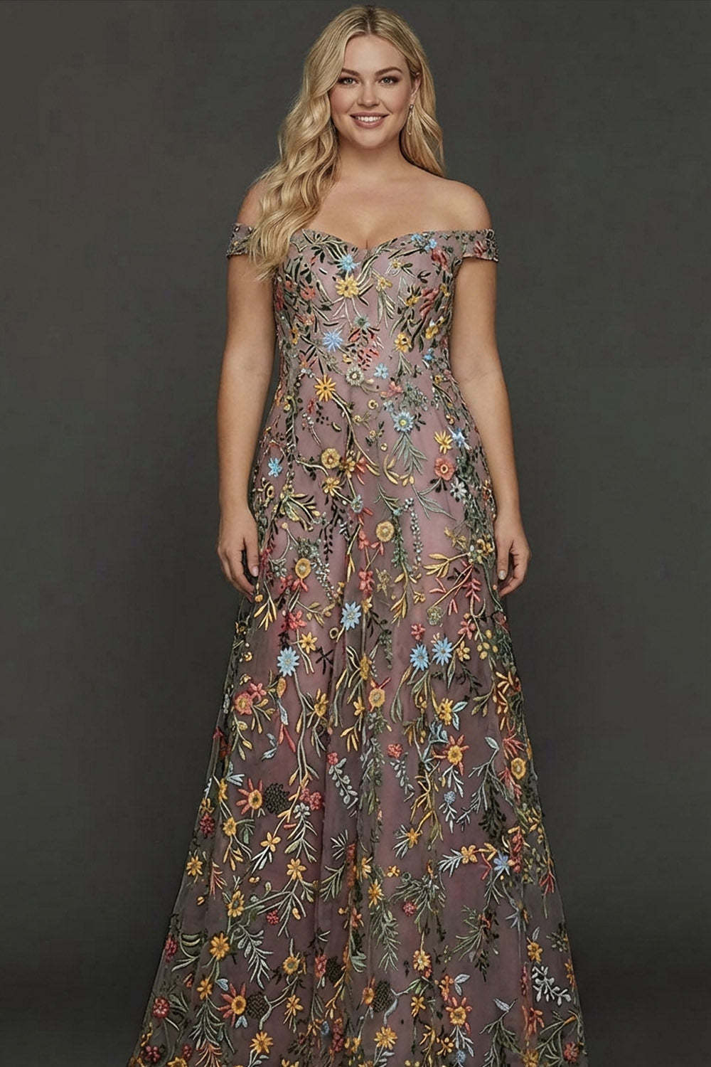 Mauve Floral A Line Embroidered Off the Shoulder Long Wedding Guest Dress