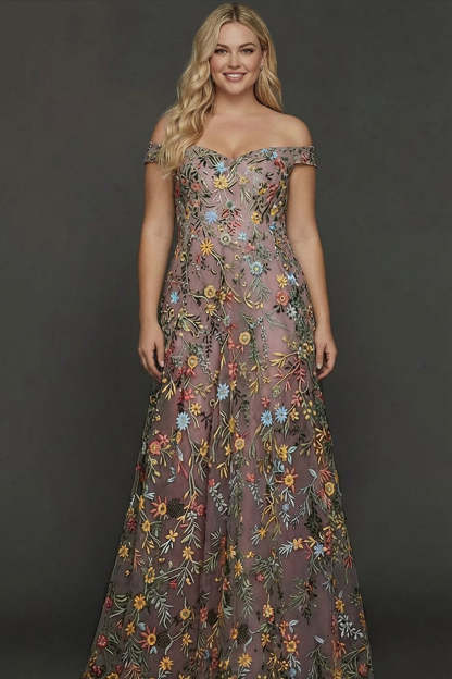 Mauve Floral A Line Embroidered Off the Shoulder Long Wedding Guest Dress