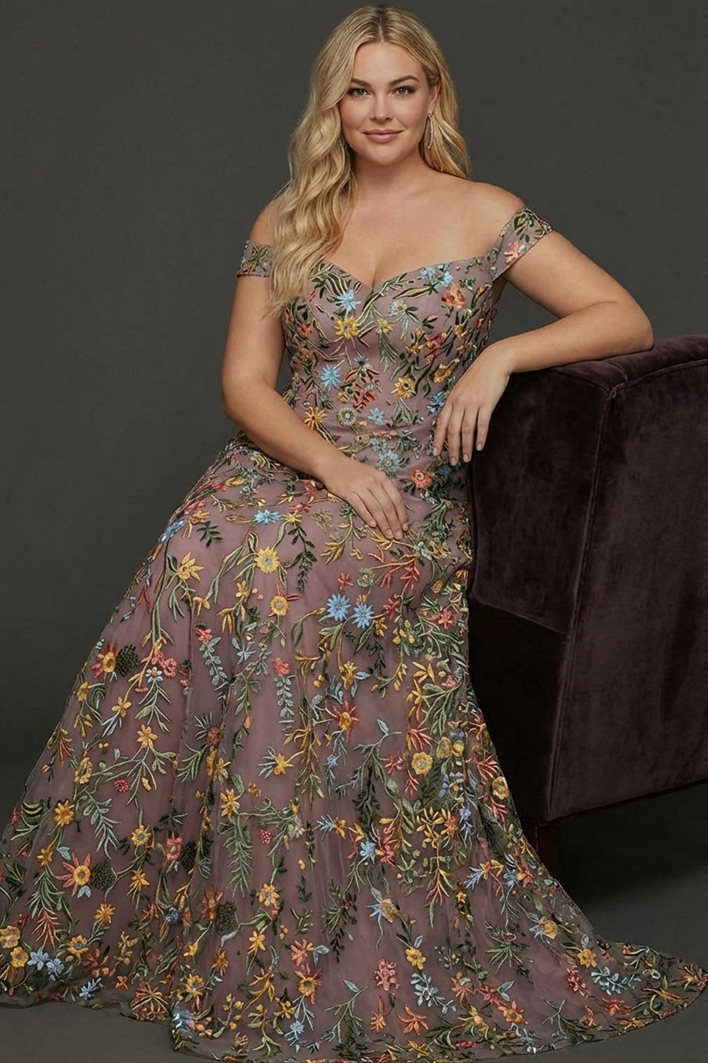 Mauve Floral A Line Embroidered Off the Shoulder Long Wedding Guest Dress