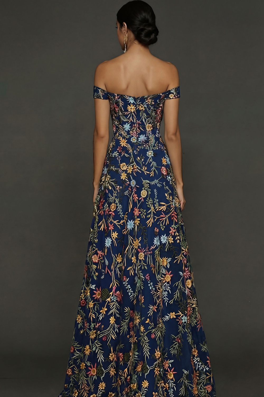 Mauve Floral A Line Embroidered Off the Shoulder Long Wedding Guest Dress