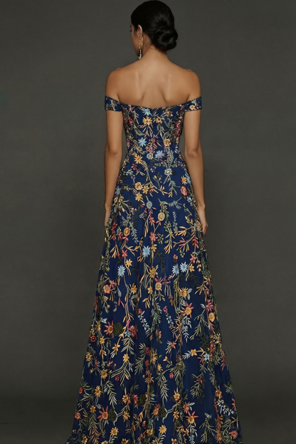 Mauve Floral A Line Embroidered Off the Shoulder Long Wedding Guest Dress