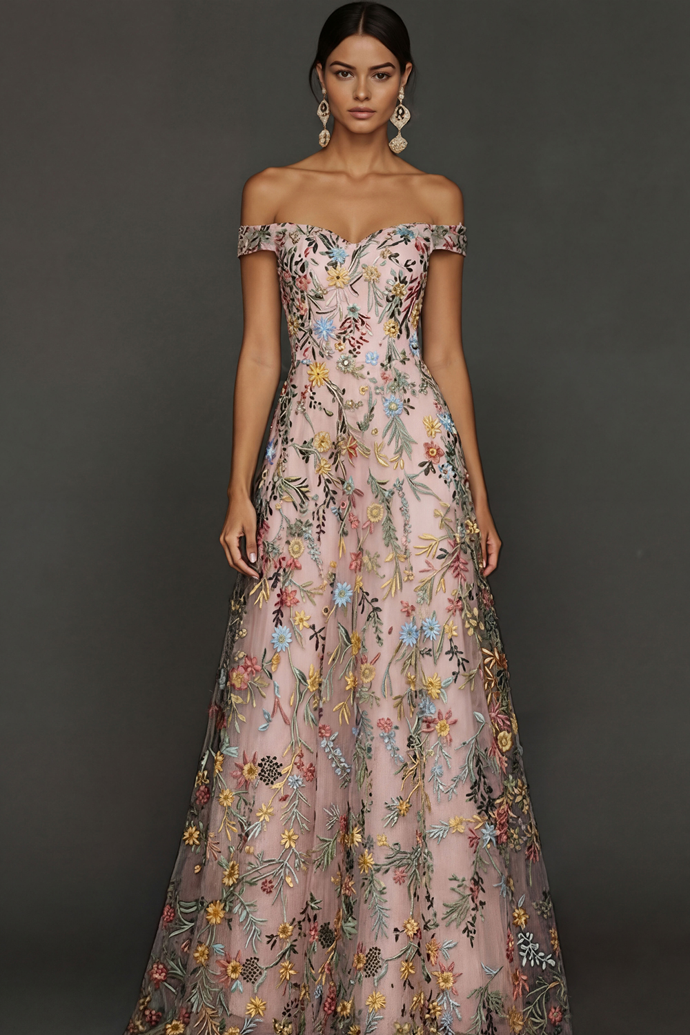 Mauve Floral A Line Embroidered Off the Shoulder Long Wedding Guest Dress