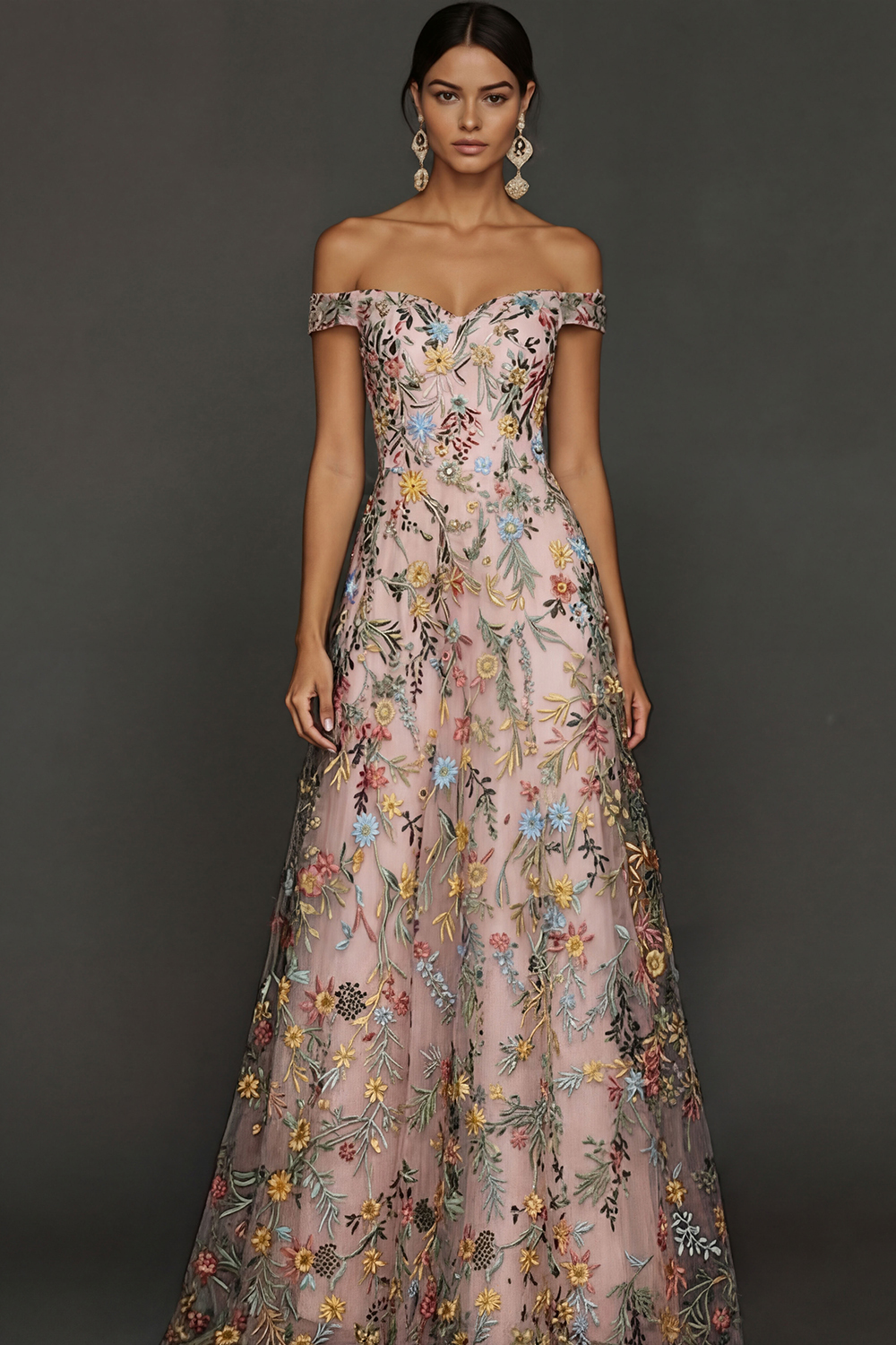 Mauve Floral A Line Embroidered Off the Shoulder Long Wedding Guest Dress