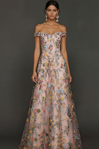 Mauve Floral A Line Embroidered Off the Shoulder Long Wedding Guest Dress