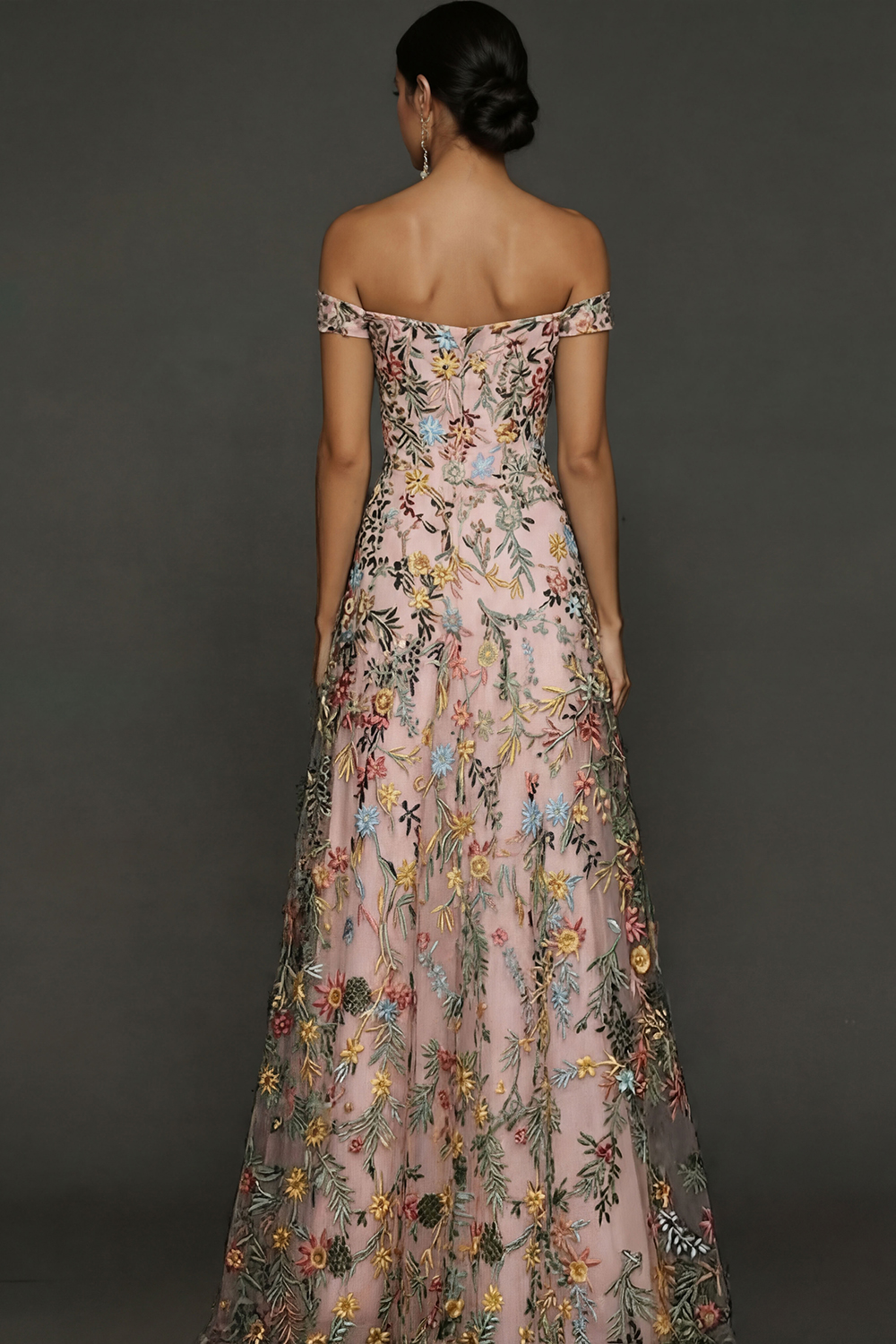 Mauve Floral A Line Embroidered Off the Shoulder Long Wedding Guest Dress