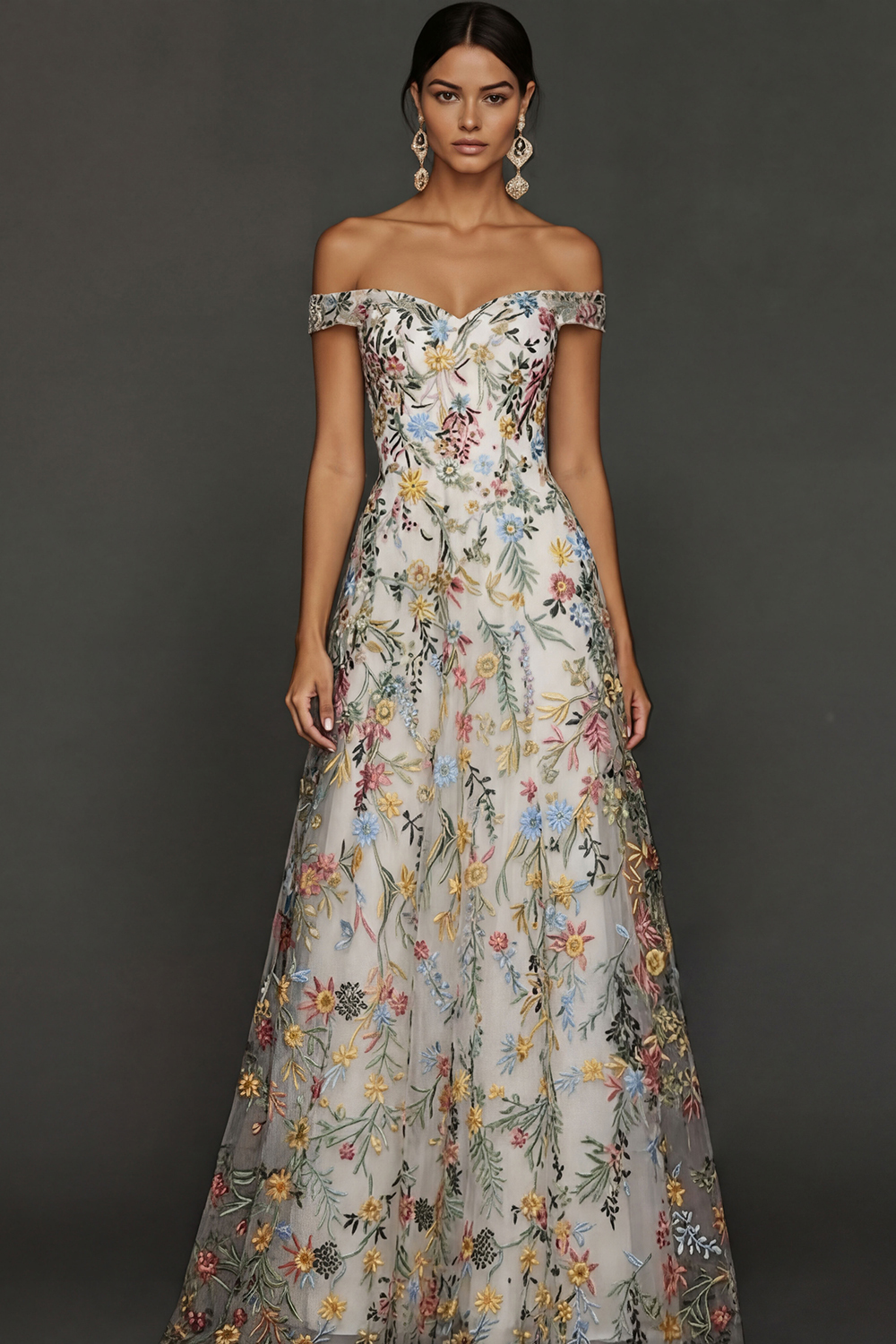 Mauve Floral A Line Embroidered Off the Shoulder Long Wedding Guest Dress