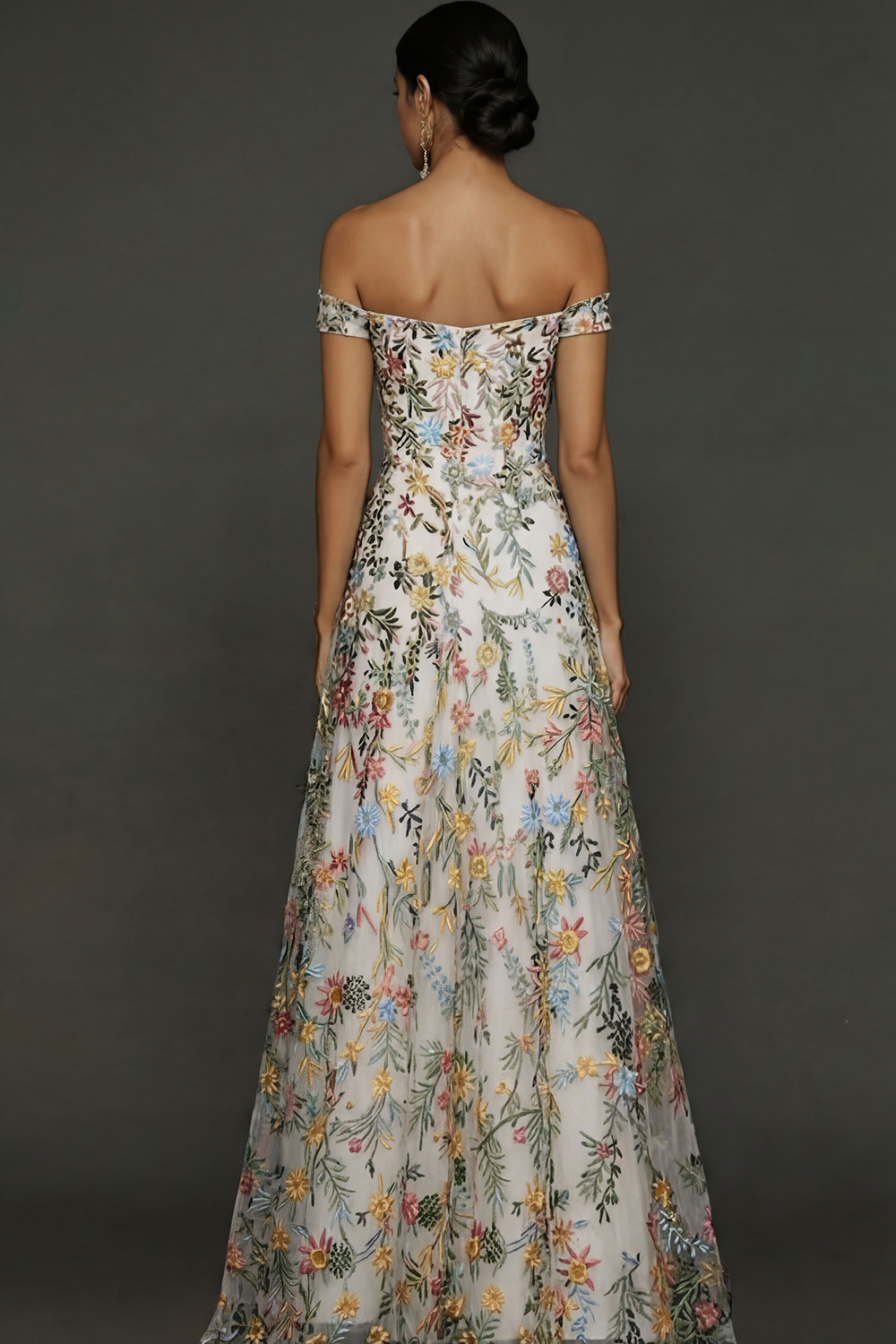 Mauve Floral A Line Embroidered Off the Shoulder Long Wedding Guest Dress