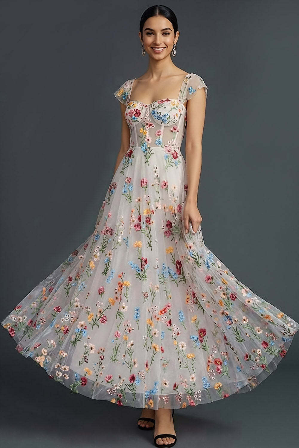 Leely Women Floral Long Wedding Guest Dress A Line Embroidered Square Neck Formal Dress