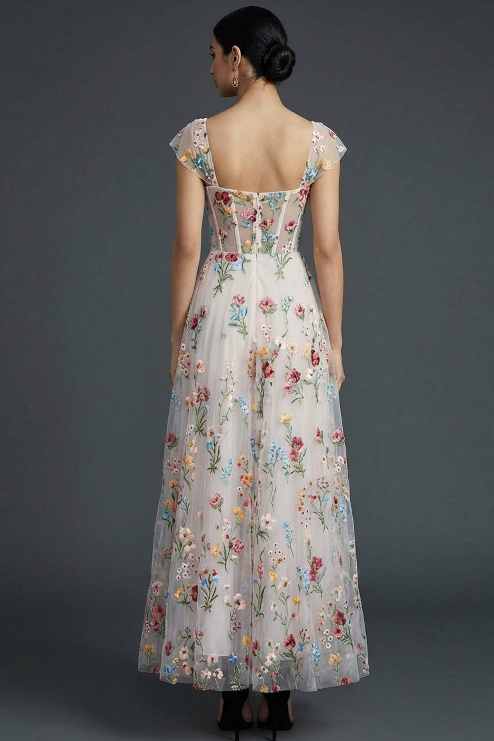 White Floral Corset Square Neck A Line Wedding Guest Dress