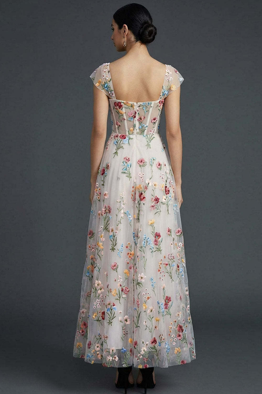 White Floral Corset Square Neck A Line Wedding Guest Dress