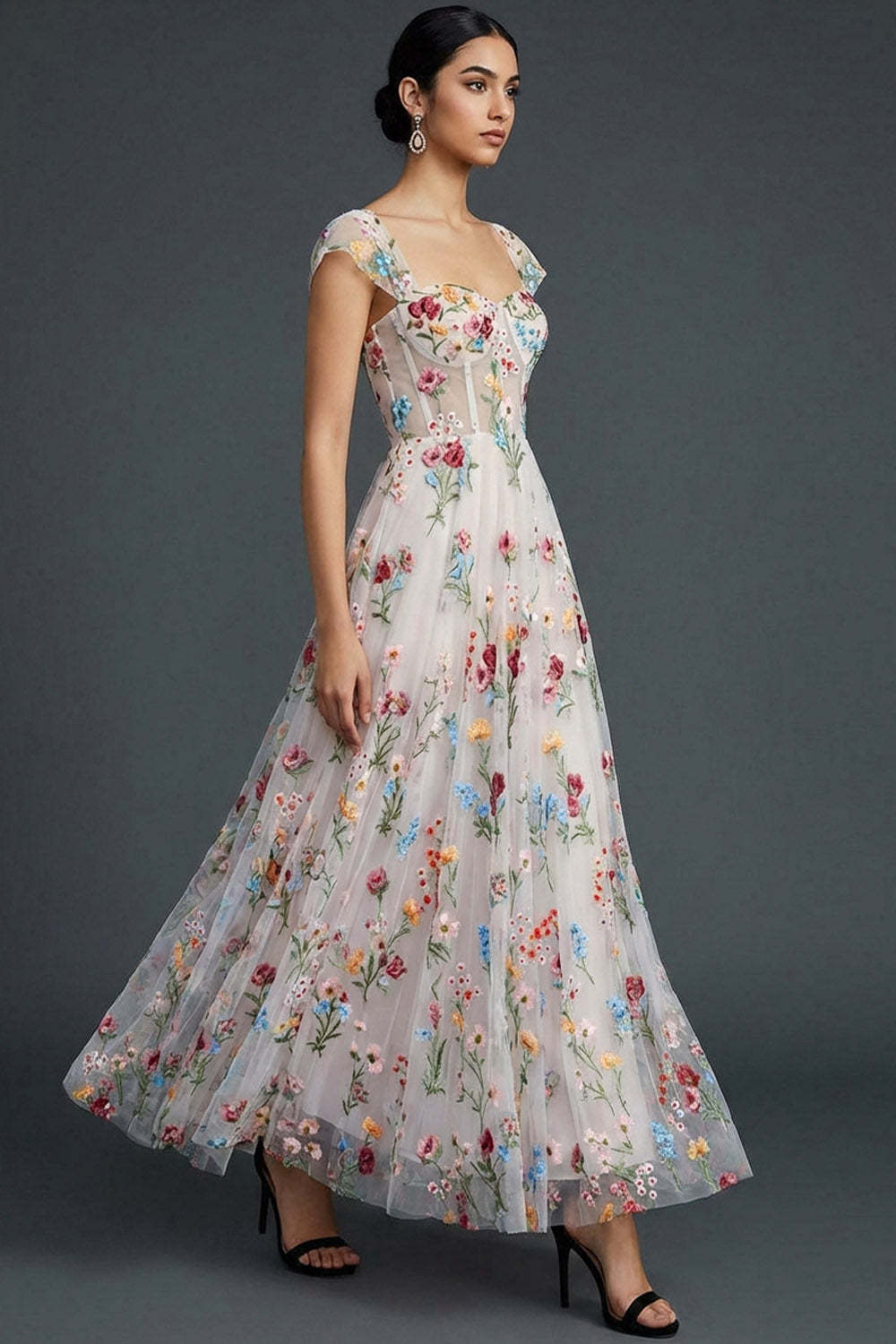 White Floral Corset Square Neck A Line Wedding Guest Dress