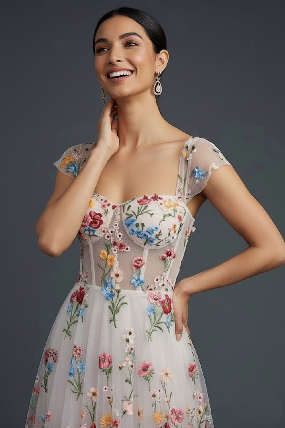 White Floral Corset Square Neck A Line Wedding Guest Dress