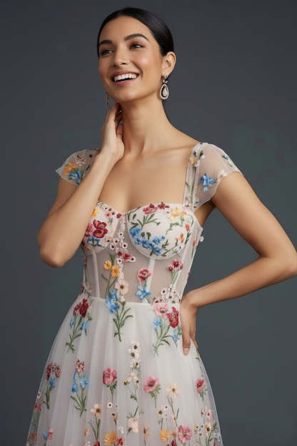 White Floral Corset Square Neck A Line Wedding Guest Dress