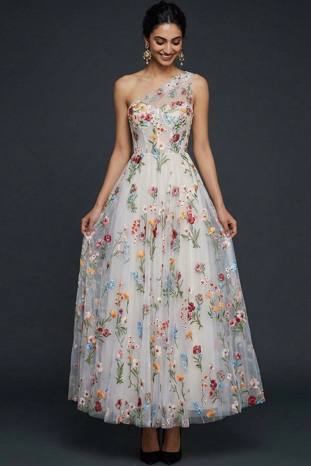 Floral Corset White One Shoulder Long Wedding Reception Dress