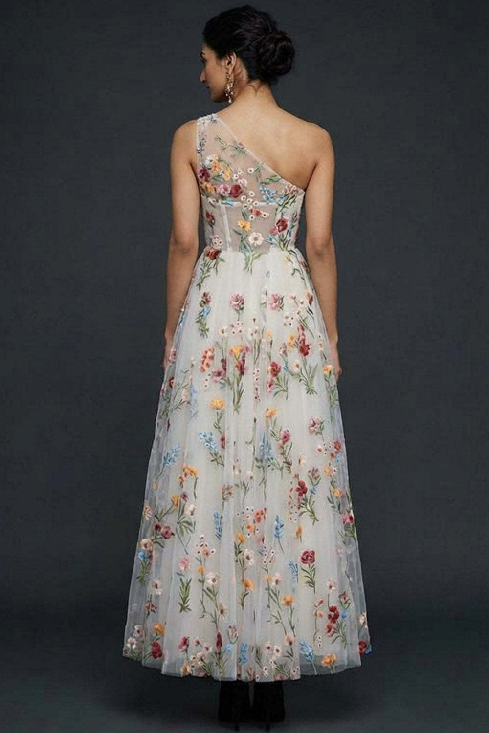 Floral Corset White One Shoulder Long Wedding Reception Dress