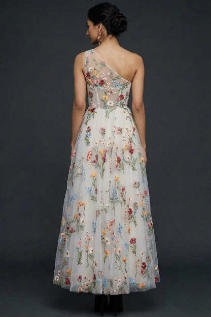 Floral Corset White One Shoulder Long Wedding Reception Dress