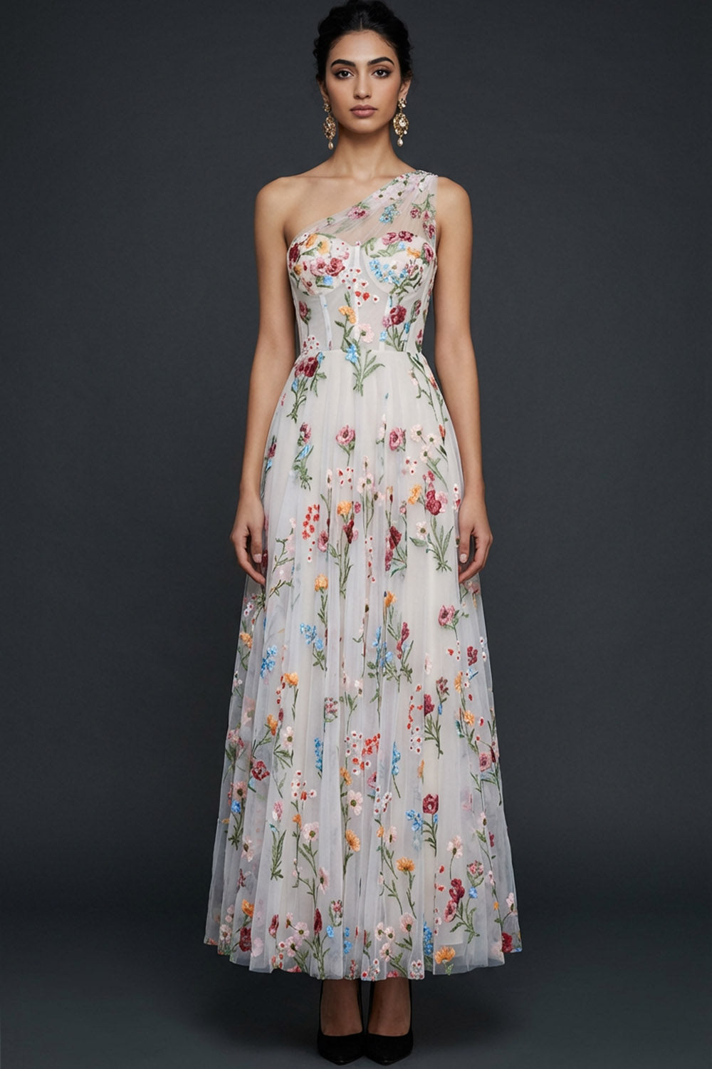 Floral Corset White One Shoulder Long Wedding Reception Dress