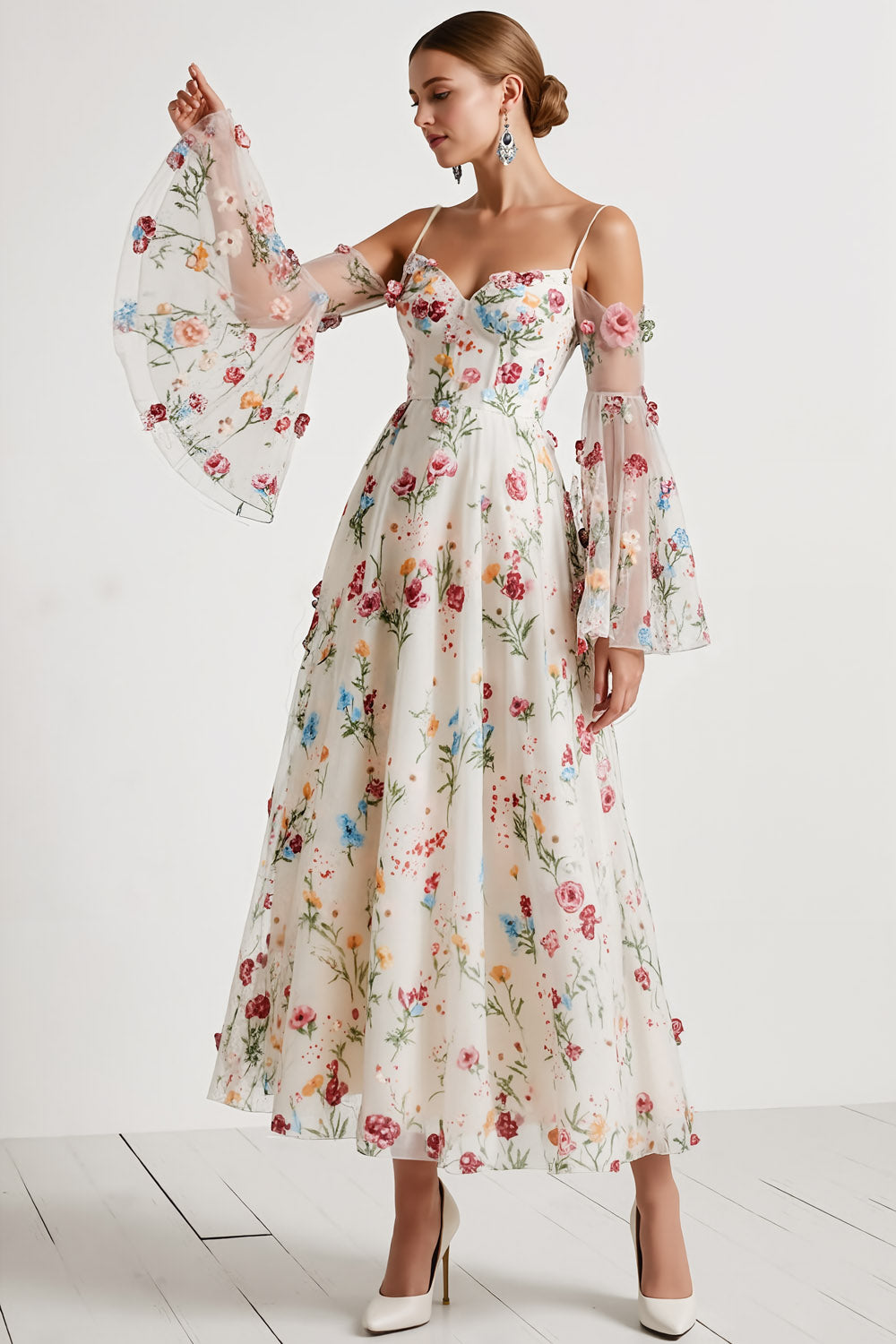 Floral Corset White Spaghetti Straps Long Wedding Reception Dress