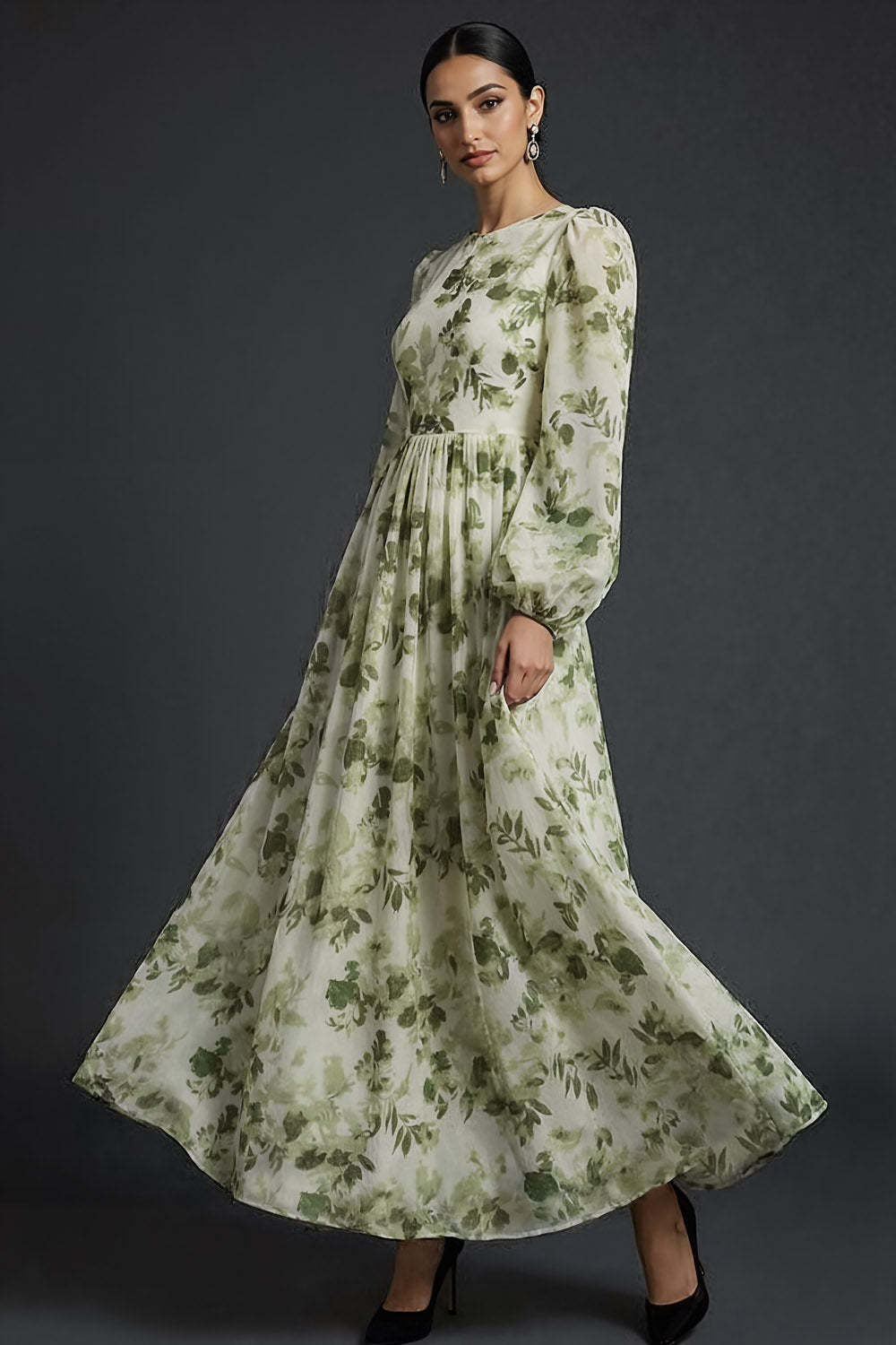 Green Floral A Line Maxi Wedding Guest Dress with Long Sleeves
