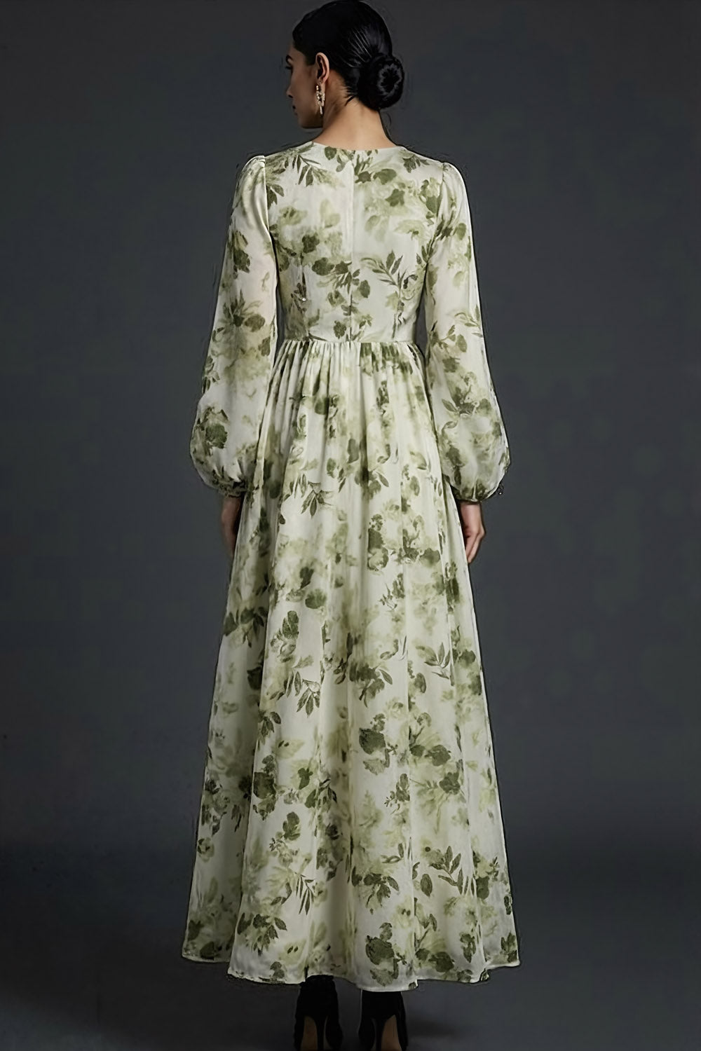 Green Floral A Line Maxi Wedding Guest Dress with Long Sleeves
