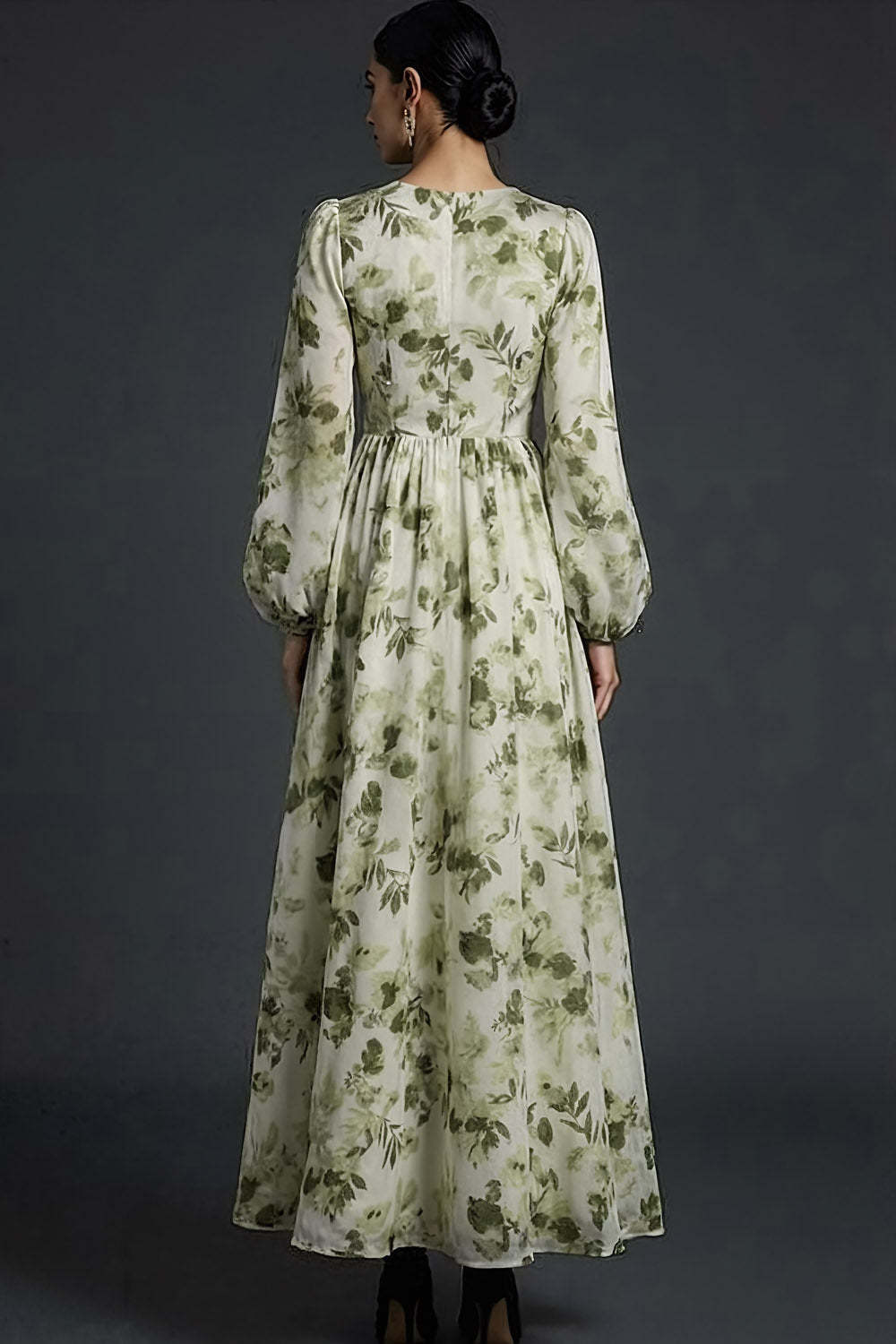 Green Floral A Line Maxi Wedding Guest Dress with Long Sleeves