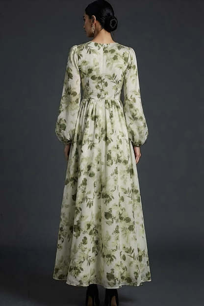 Green Floral A Line Maxi Wedding Guest Dress with Long Sleeves