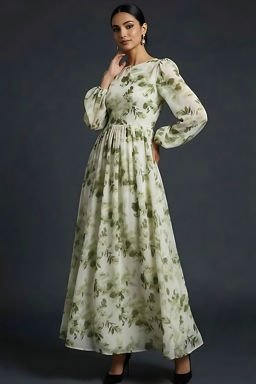 Green Floral A Line Maxi Wedding Guest Dress with Long Sleeves