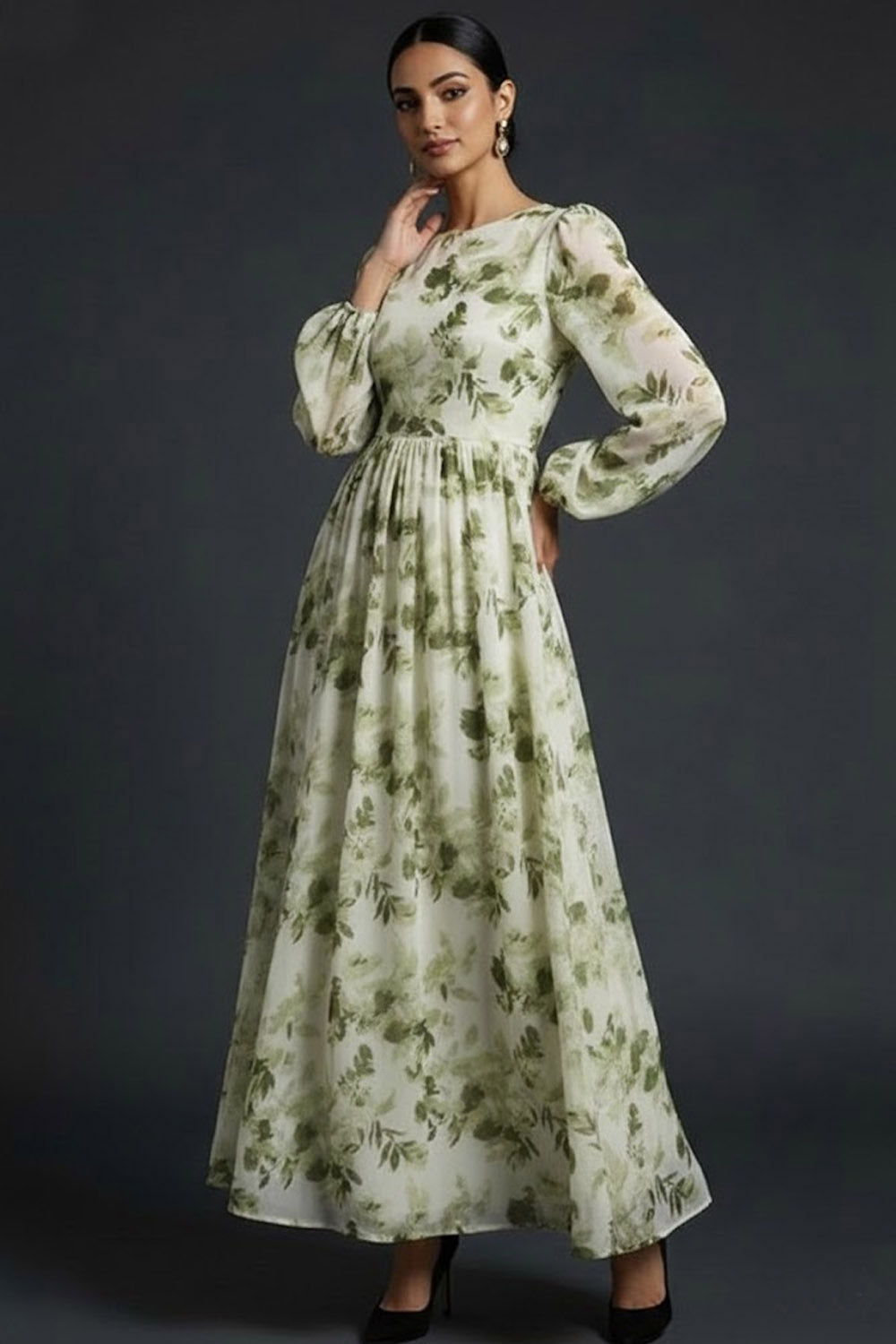 Green Floral A Line Maxi Wedding Guest Dress with Long Sleeves