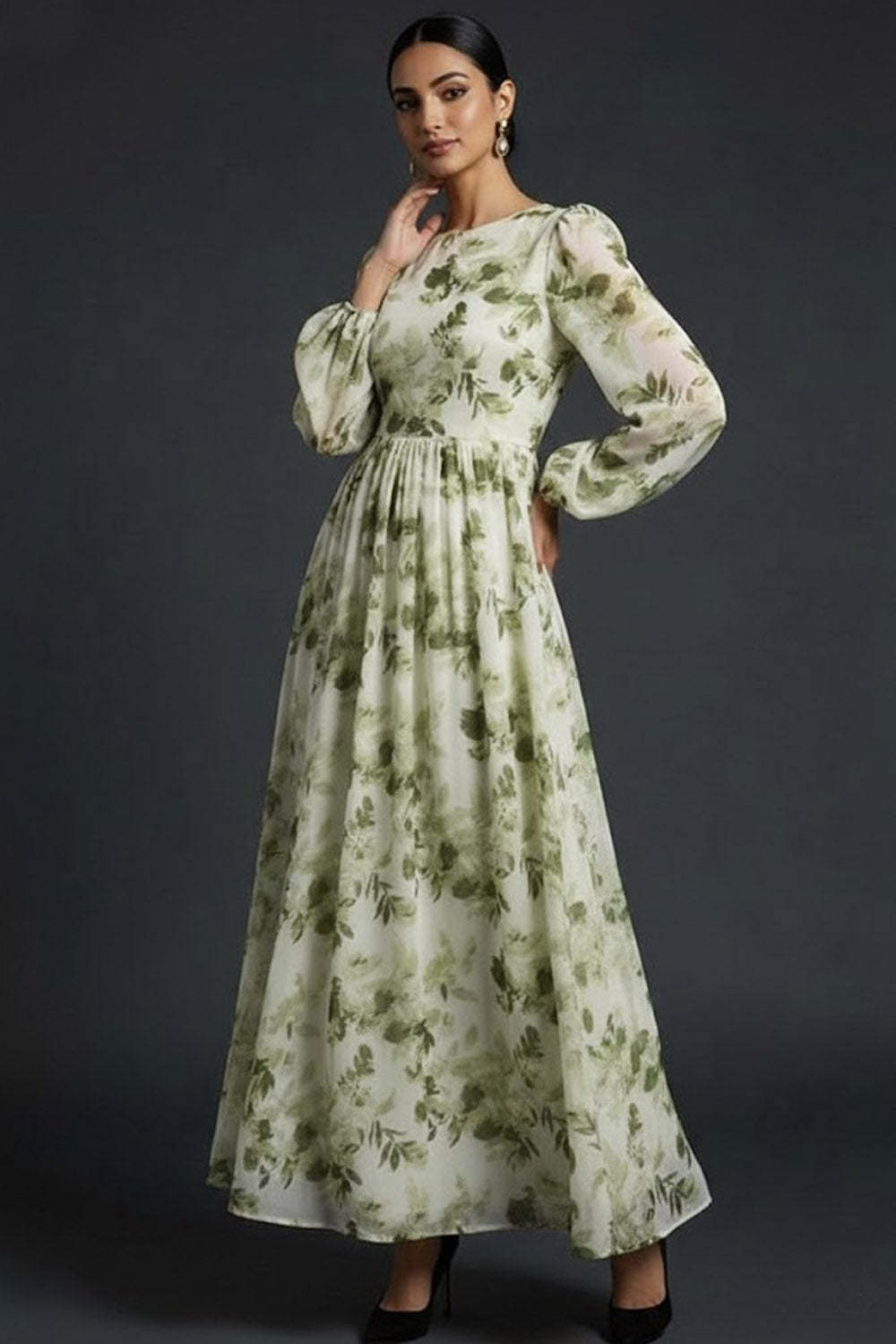 Green Floral A Line Maxi Wedding Guest Dress with Long Sleeves