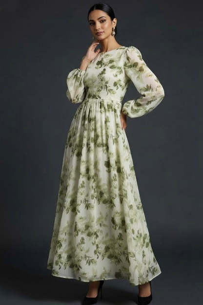 Green Floral A Line Maxi Wedding Guest Dress with Long Sleeves