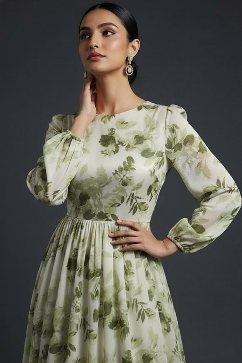 Green Floral A Line Maxi Wedding Guest Dress with Long Sleeves
