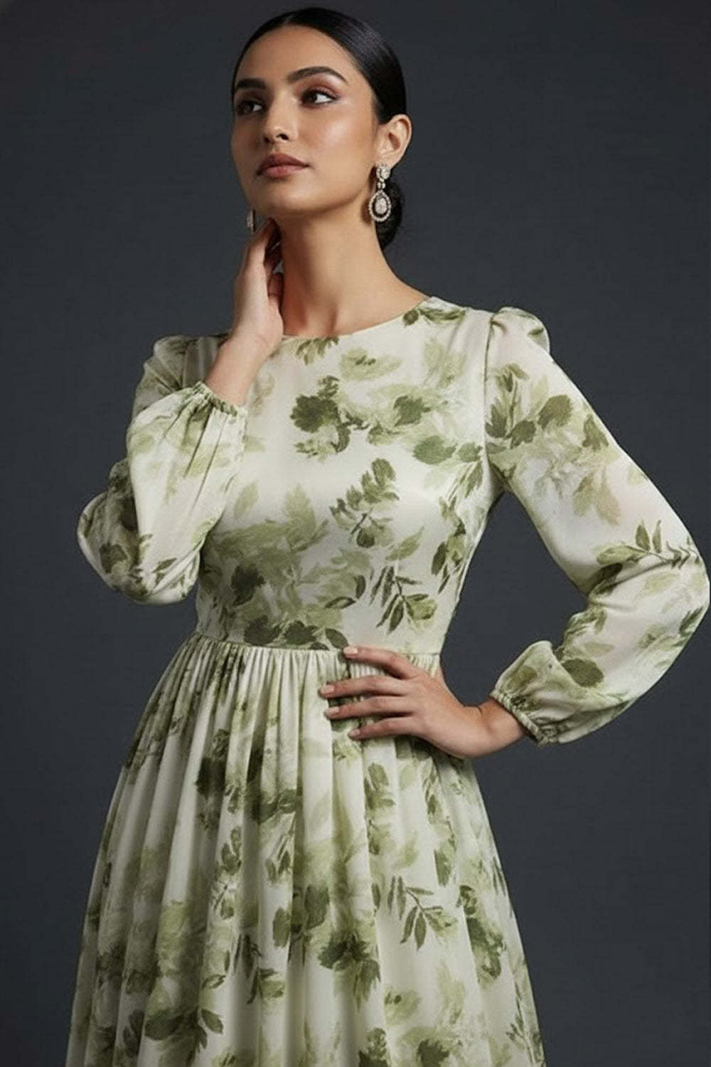 Green Floral A Line Maxi Wedding Guest Dress with Long Sleeves