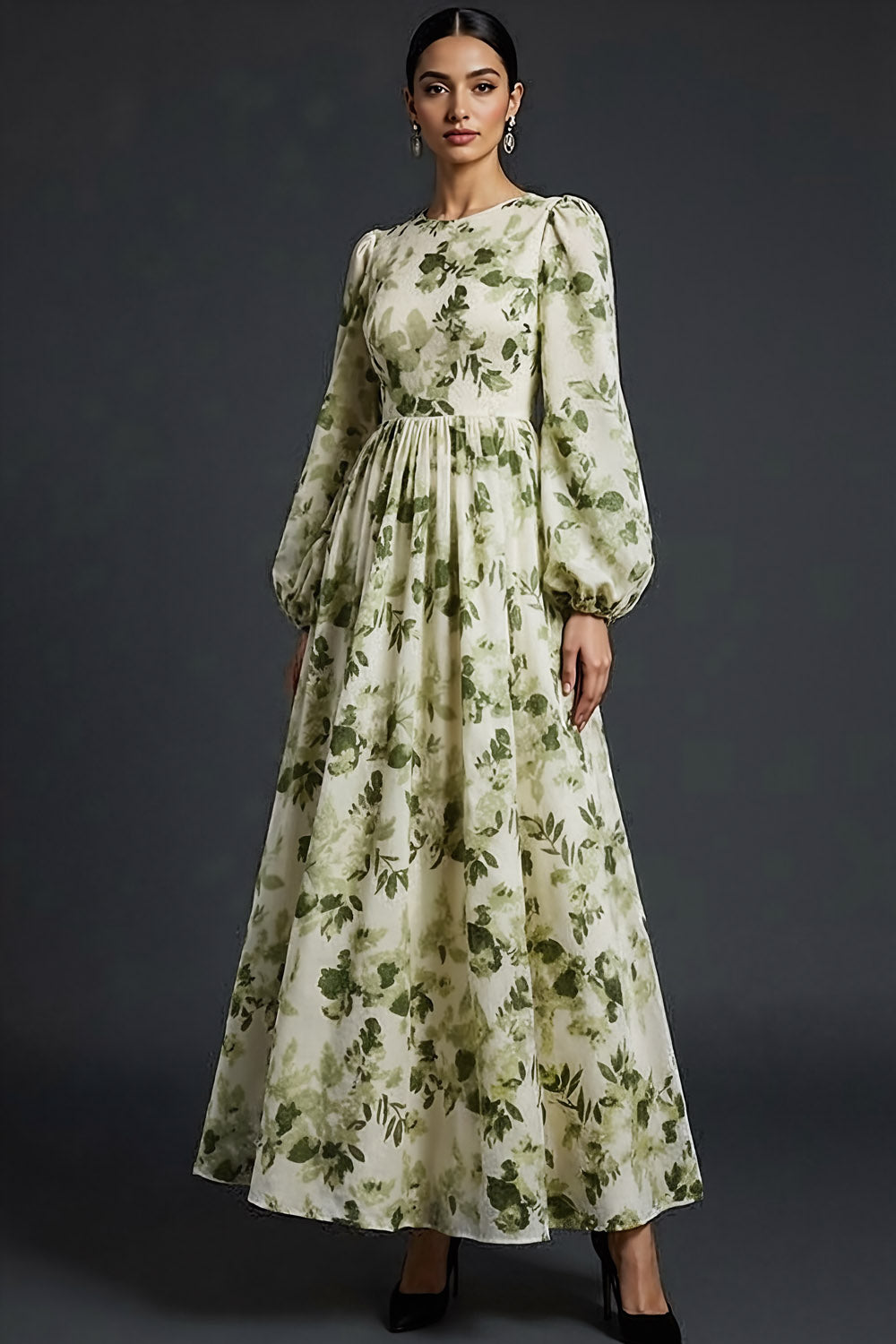 Leely Women Green Floral Maxi Wedding Guest Dress with Long Sleeves A Line Round Neck Formal Dress