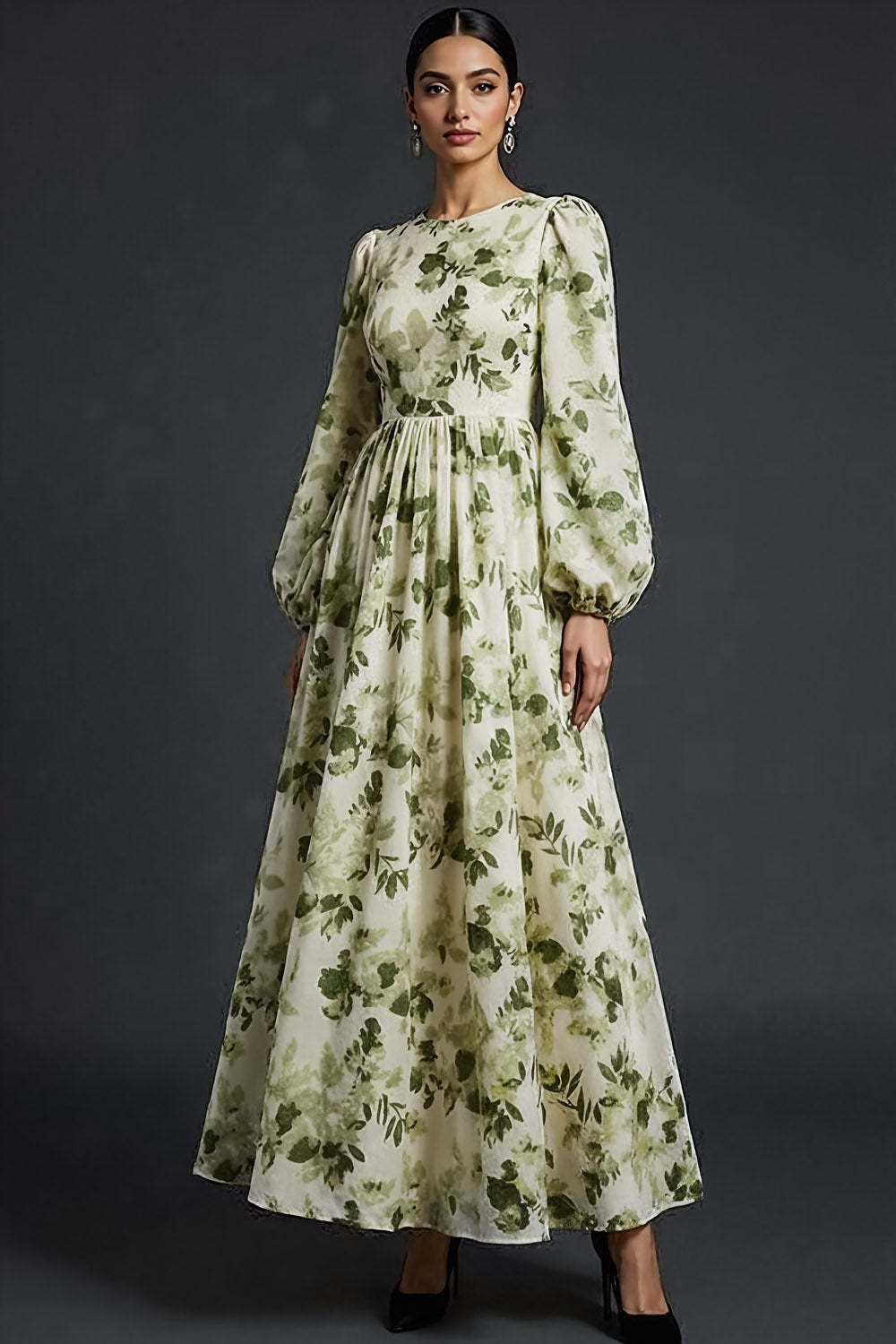 Leely Women Green Floral Maxi Wedding Guest Dress with Long Sleeves A Line Round Neck Formal Dress