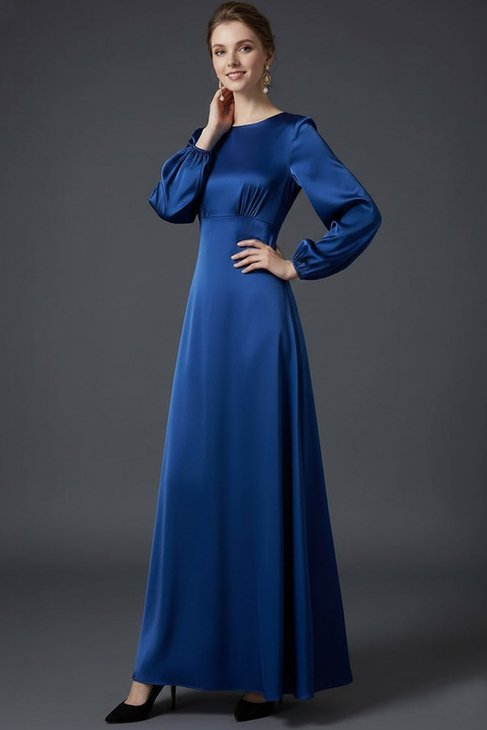 Blue Satin A Line Round Neck Long Wedding Guest Dress with Long Sleeves