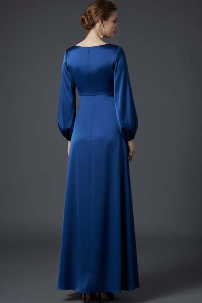 Blue Satin A Line Round Neck Long Wedding Guest Dress with Long Sleeves