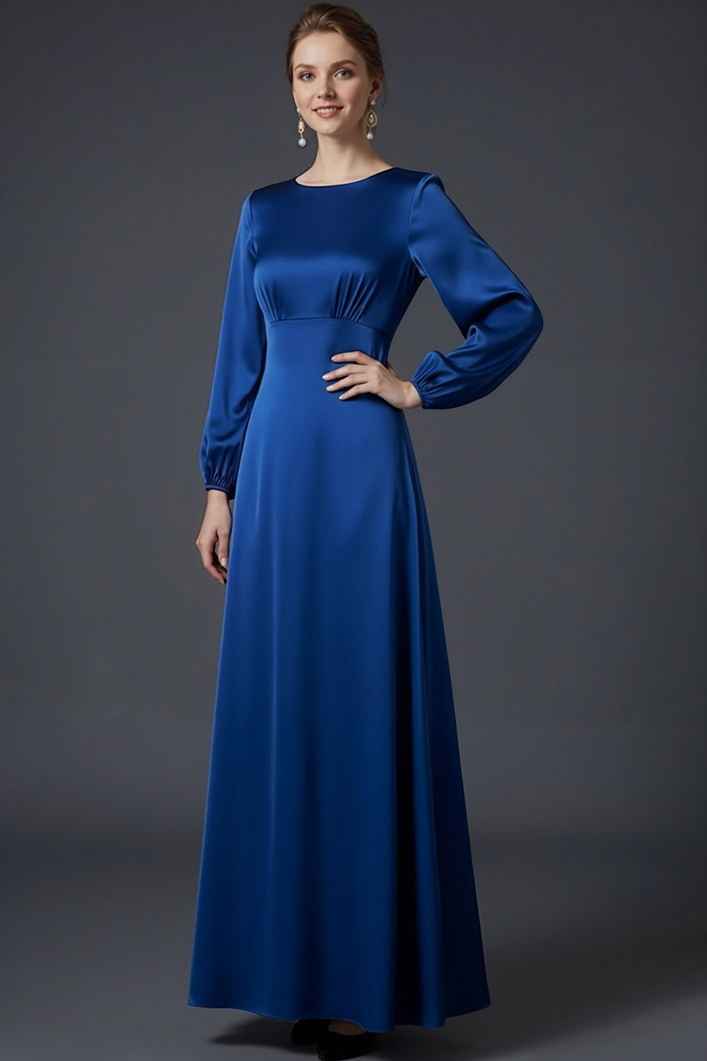 Blue Satin A Line Round Neck Long Wedding Guest Dress with Long Sleeves