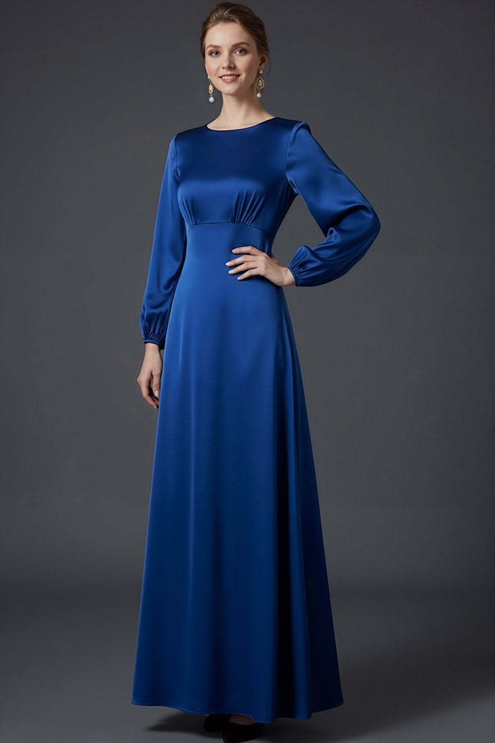 Blue Satin A Line Round Neck Long Wedding Guest Dress with Long Sleeves