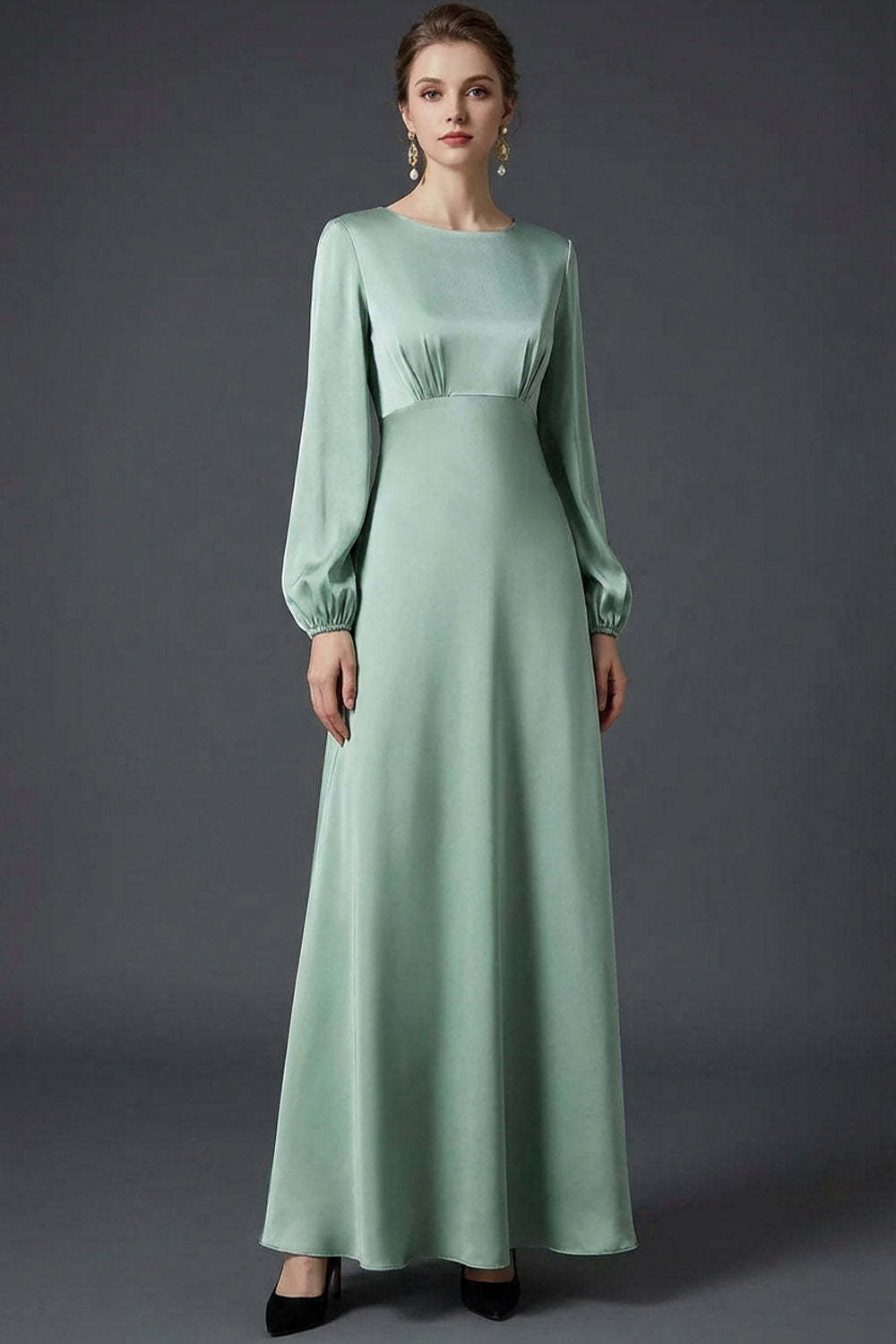 Leely Women Blue Satin A Line Long Wedding Guest Dress Round Neck Long Sleeves Formal Dress