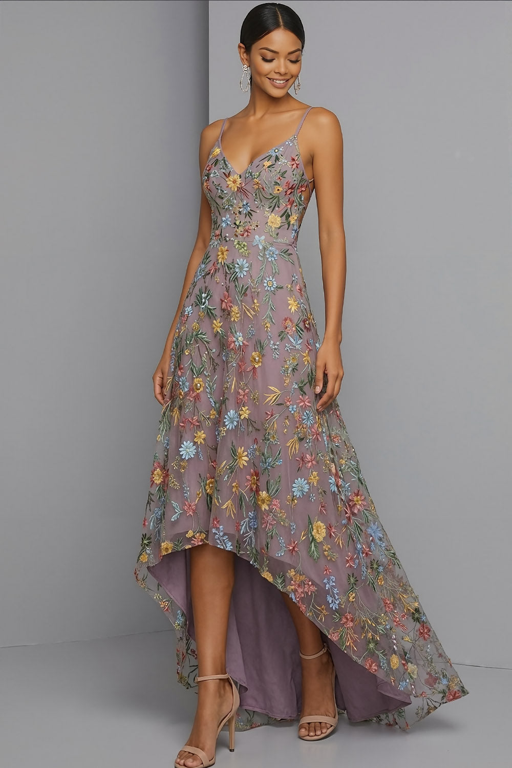 Leely Women Mauve Floral Long Wedding Guest Dress Embroidered Spaghetti Straps A Line Formal Dress