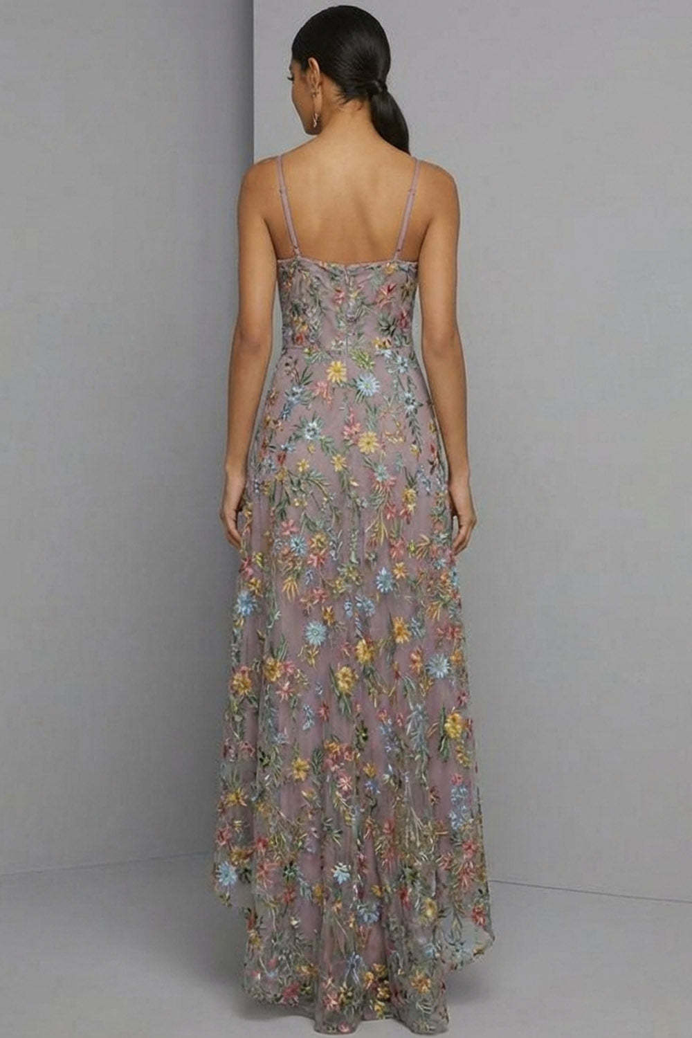 Mauve Floral A Line Embroidered Spaghetti Straps High Low Wedding Guest Dress