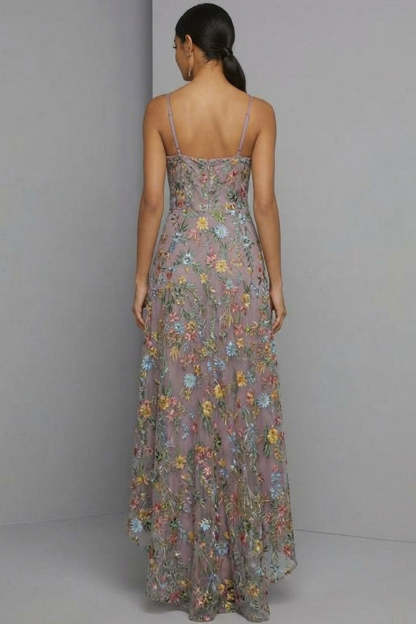 Mauve Floral A Line Embroidered Spaghetti Straps High Low Wedding Guest Dress