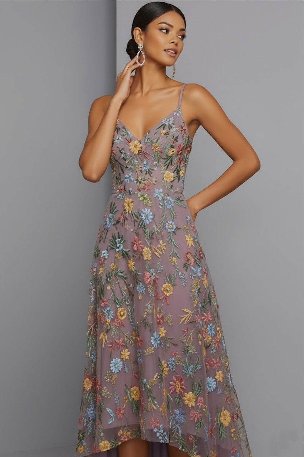 Mauve Floral A Line Embroidered Spaghetti Straps High Low Wedding Guest Dress