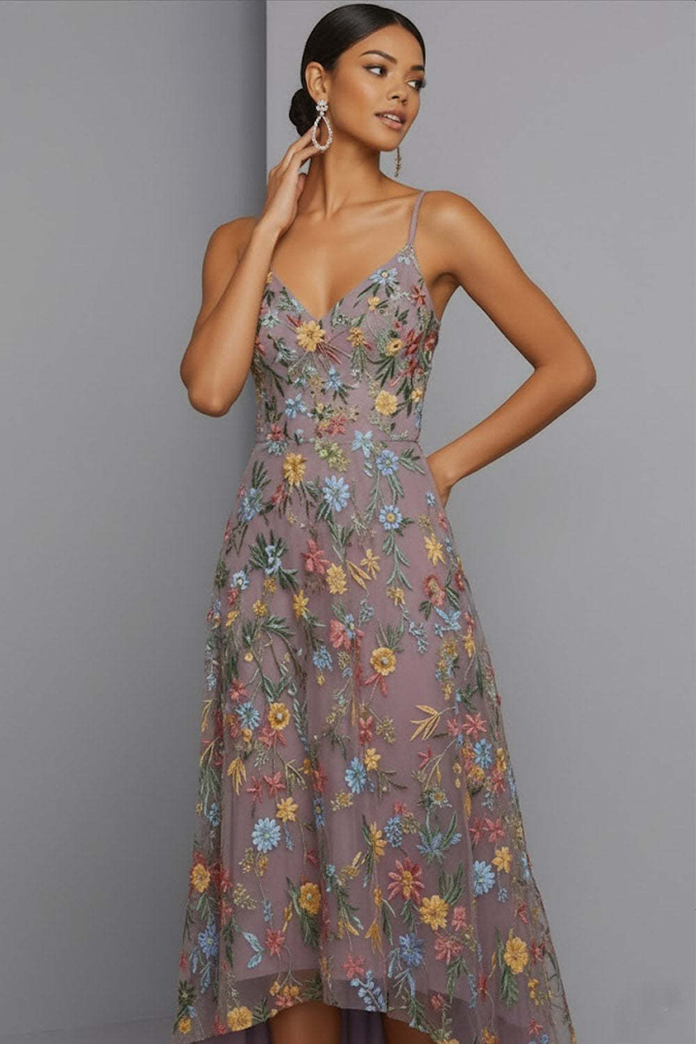Mauve Floral A Line Embroidered Spaghetti Straps High Low Wedding Guest Dress