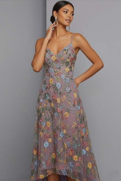 Mauve Floral A Line Embroidered Spaghetti Straps High Low Wedding Guest Dress