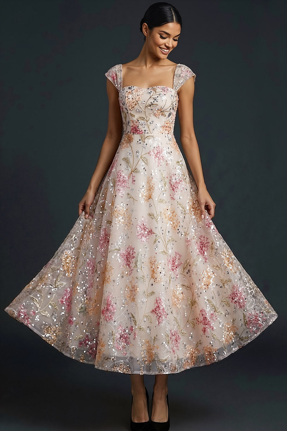 Sparkly Floral Pink Sequined A Line Long Gala Dress
