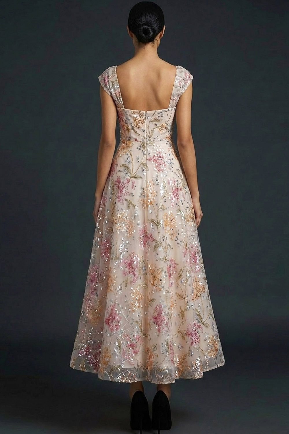 Sparkly Floral Pink Sequined A Line Long Gala Dress