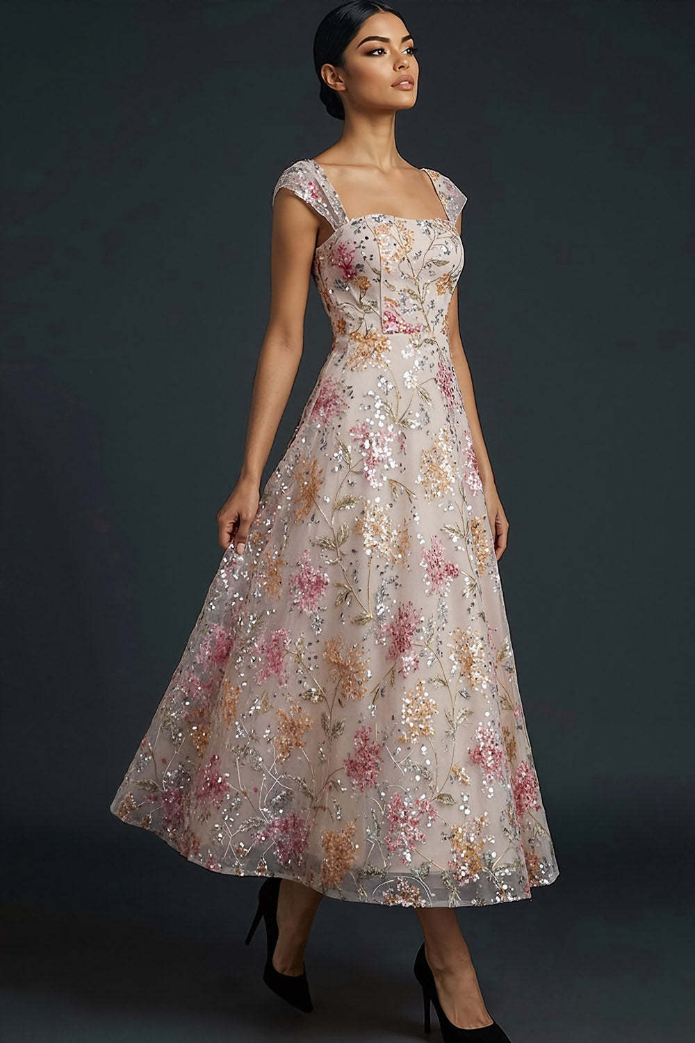 Sparkly Floral Pink Sequined A Line Long Gala Dress